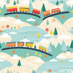 cartoon trains,, fabric panel, whimsical landscape, colorful train cars, rolling hills, evergreen trees, curved railroad tracks, orange, yellow, red, teal, cream, playful illustration, children's theme, transportation motif, scenic countryside, soft pastel palette, nursery fabric, kid-friendly design