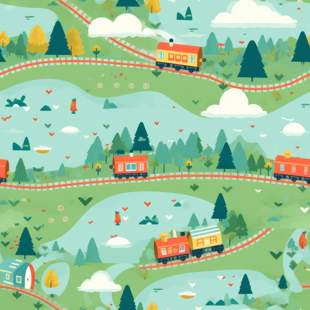 cartoon trains,, fabric panel, whimsical illustration, rolling hills, green landscape, red trains, yellow trees, white clouds, curved railway tracks, evergreen trees, pastoral scene, children's design, playful pattern, turquoise sky, orange locomotive, scenic countryside, cheerful colors, transportation theme, nature elements