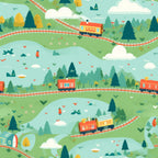 cartoon trains,, fabric panel, whimsical illustration, rolling hills, green landscape, red trains, yellow trees, white clouds, curved railway tracks, evergreen trees, pastoral scene, children's design, playful pattern, turquoise sky, orange locomotive, scenic countryside, cheerful colors, transportation theme, nature elements