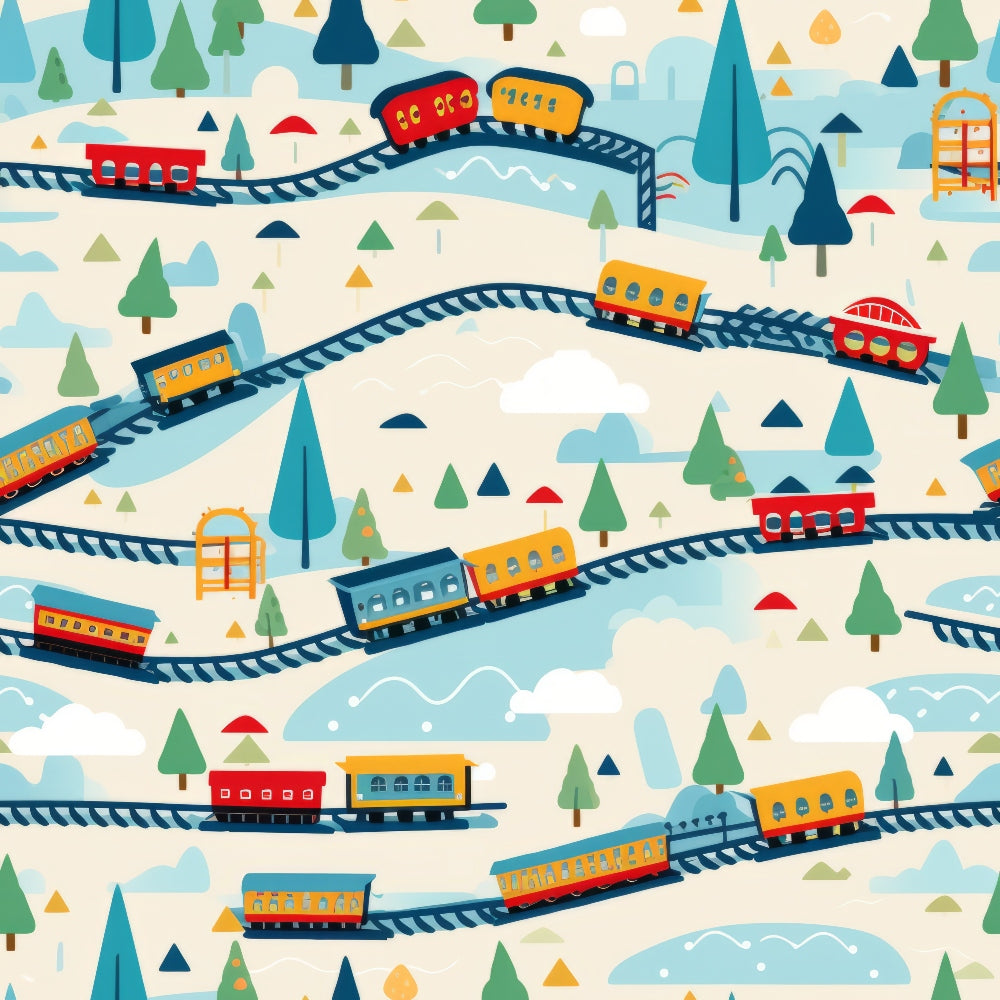 cartoon trains,, fabric panel, red trains, yellow trains, blue trains, orange trains, railway tracks, curved rails, evergreen trees, winter landscape, snowy hills, whimsical illustration, children's fabric, transportation theme, playful design, soft pastels, train cars, pine trees, rolling hills