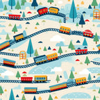 cartoon trains,, fabric panel, red trains, yellow trains, blue trains, orange trains, railway tracks, curved rails, evergreen trees, winter landscape, snowy hills, whimsical illustration, children's fabric, transportation theme, playful design, soft pastels, train cars, pine trees, rolling hills