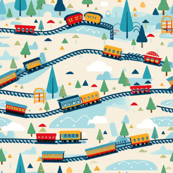 cartoon trains,, fabric panel, red trains, yellow trains, blue trains, orange trains, railway tracks, curved rails, evergreen trees, winter landscape, snowy hills, whimsical illustration, children's fabric, transportation theme, playful design, soft pastels, train cars, pine trees, rolling hills