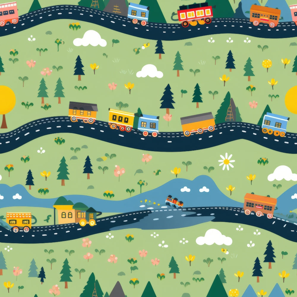 colorful trains, cartoon style, winding roads, green landscape, evergreen trees, pink flowers, yellow flowers, white clouds, blue mountains, whimsical illustration, children's pattern, transportation theme,, fabric panel, playful design, bright colors, scenic countryside, train cars, dotted road lines, pastoral scene