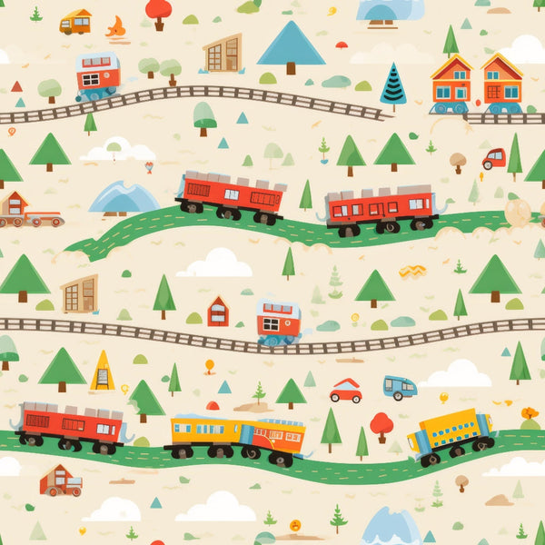 cartoon trains,, fabric panel, red trains, blue trains, yellow trains, orange trains, green trees, railway tracks, curved tracks, colorful houses, mountains, camping trailer, whimsical illustration, children's fabric, transportation theme, playful design, beige background, forest scenery, toy trains