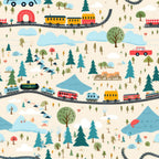 cartoon trains,, fabric panel, colorful locomotives, railroad tracks, evergreen trees, mountains, clouds, forest landscape, red trains, yellow cars, blue engines, orange coaches, whimsical illustration, children's design, transportation theme, nature scenery, playful pattern, bright colors, train cars, railway adventure
