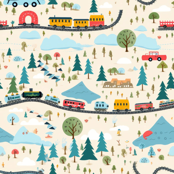 cartoon trains,, fabric panel, colorful locomotives, railroad tracks, evergreen trees, mountains, clouds, forest landscape, red trains, yellow cars, blue engines, orange coaches, whimsical illustration, children's design, transportation theme, nature scenery, playful pattern, bright colors, train cars, railway adventure