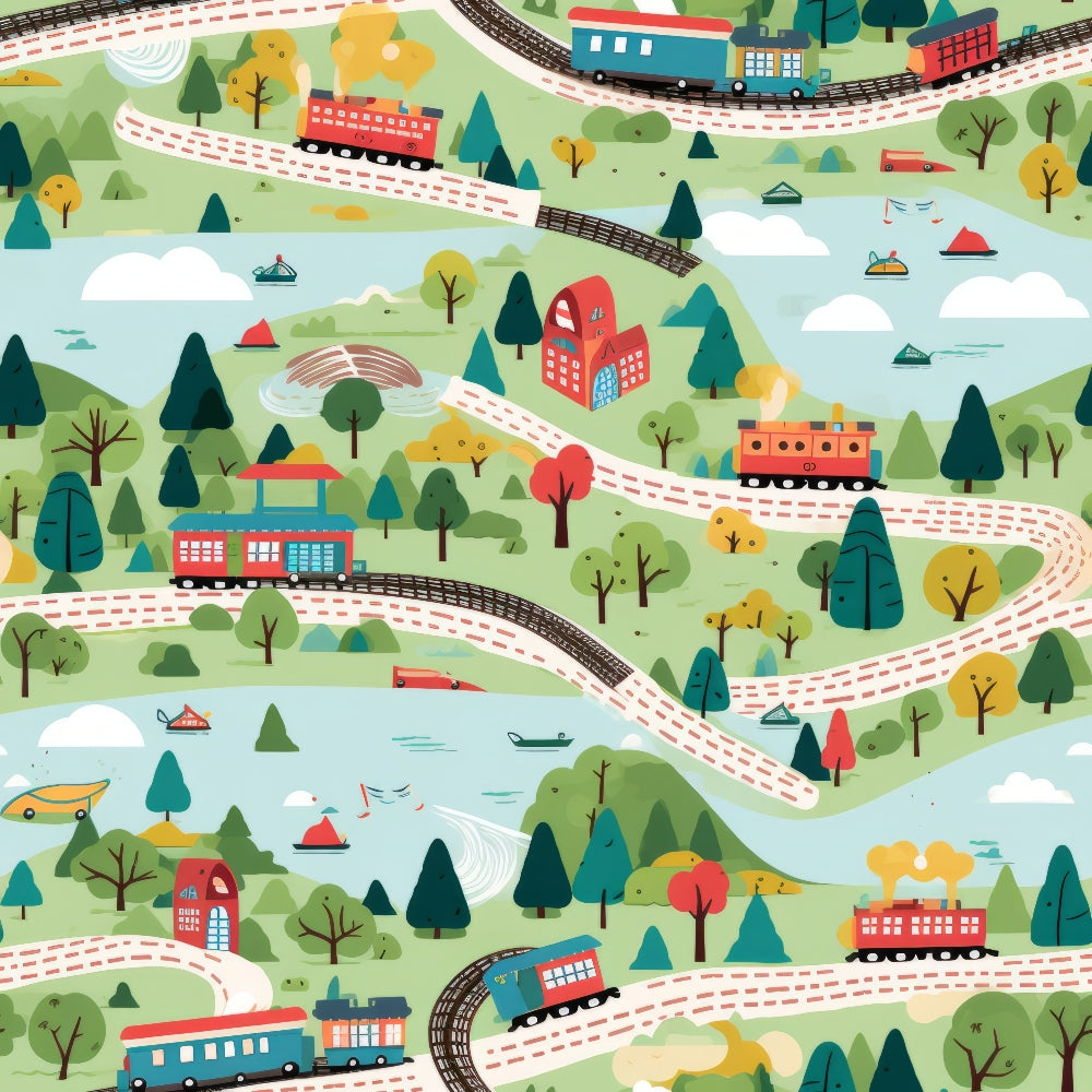 cartoon trains, railway tracks, rolling hills, green landscape, blue water, red buildings, colorful trees, whimsical illustration,, fabric panel, playful pattern, transportation theme, scenic countryside, boats on water, cheerful colors, children's design, bright red, teal blue, yellow orange, seamless repeat