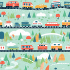 cartoon trains,, fabric panel, colorful locomotives, railway tracks, red trains, orange trains, blue trains, green trees, white clouds, rolling hills, transportation theme, children's fabric, whimsical illustration, pastoral landscape, train cars, railroad design, playful pattern, bright colors, nature scenery