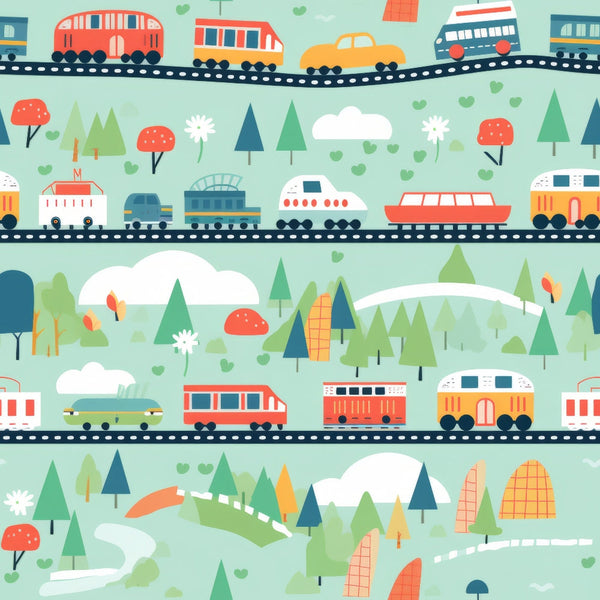cartoon trains,, fabric panel, colorful locomotives, railway tracks, red trains, orange trains, blue trains, green trees, white clouds, rolling hills, transportation theme, children's fabric, whimsical illustration, pastoral landscape, train cars, railroad design, playful pattern, bright colors, nature scenery