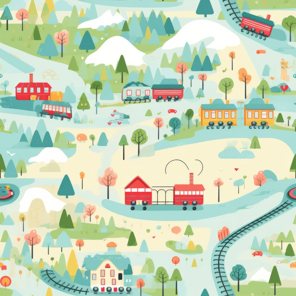 cartoon trains,, fabric panel, pastel colors, mint green, coral pink, yellow, white, mountains, trees, railroad tracks, whimsical illustration, children's theme, transportation motif, scenic landscape, playful design, nursery fabric, soft palette, train stations, rolling hills