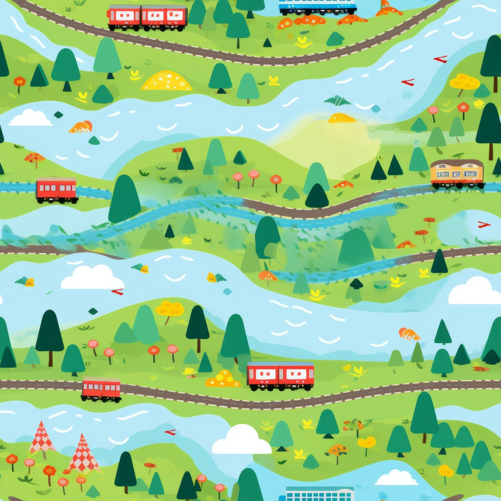 bright green, light blue, red trains, cartoon style, rolling hills, winding rivers, evergreen trees, railroad tracks, playful design, whimsical illustration, nature scene, transportation theme,, fabric panel, cheerful colors, landscape pattern, toy trains, children's fabric, colorful mushrooms, scenic countryside