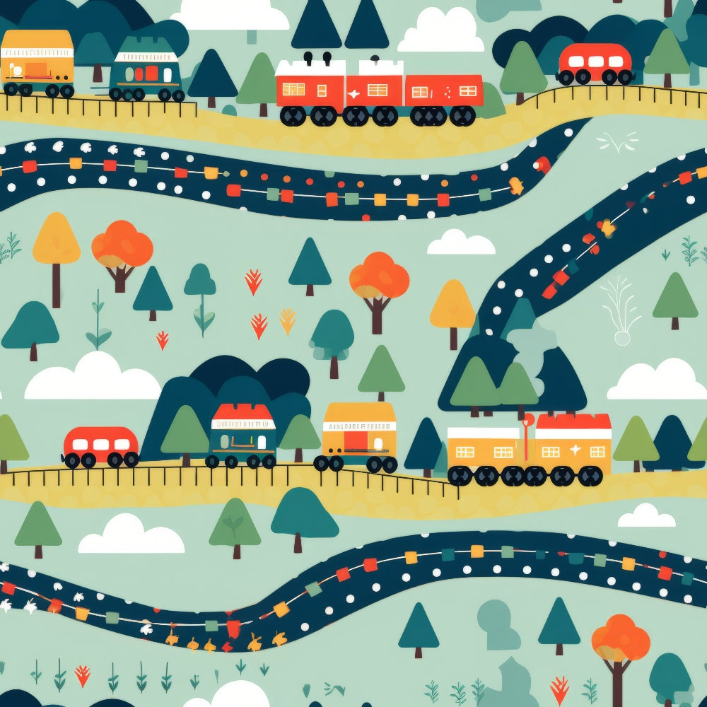 cartoon trains,, fabric panel, red trains, orange trains, green trees, blue tracks, colorful dots, railway scene, landscape pattern, white clouds, mountain backdrop, whimsical illustration, children's fabric, transportation theme, playful design, bright colors, scenic route, train cars, nature elements