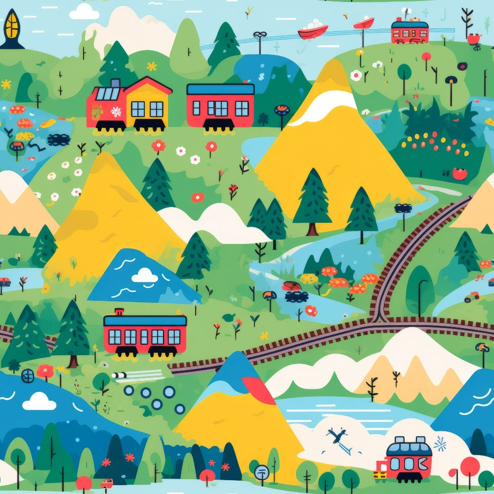 cartoon trains,, fabric panel, colorful landscape, red trains, blue trains, yellow mountains, green hills, pine trees, railway tracks, whimsical illustration, children's design, bright colors, playful pattern, scenic countryside, rolling hills, cheerful mood, transportation theme, kid-friendly, vibrant colors