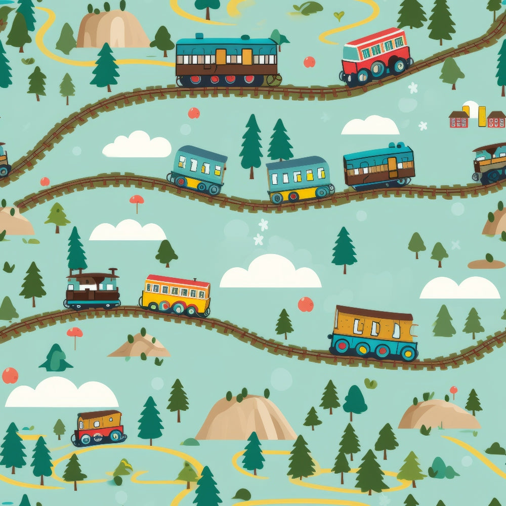 cartoon trains,, fabric panel, turquoise background, colorful locomotives, railroad tracks, evergreen trees, white clouds, brown mountains, yellow paths, red trains, blue trains, orange trains, whimsical illustration, children's pattern, transportation theme, forest landscape, playful design, curved railway, nature scenery