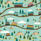 cartoon trains,, fabric panel, turquoise background, colorful locomotives, railroad tracks, evergreen trees, white clouds, brown mountains, yellow paths, red trains, blue trains, orange trains, whimsical illustration, children's pattern, transportation theme, forest landscape, playful design, curved railway, nature scenery