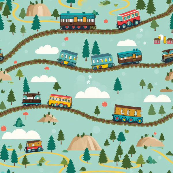cartoon trains,, fabric panel, turquoise background, colorful locomotives, railroad tracks, evergreen trees, white clouds, brown mountains, yellow paths, red trains, blue trains, orange trains, whimsical illustration, children's pattern, transportation theme, forest landscape, playful design, curved railway, nature scenery