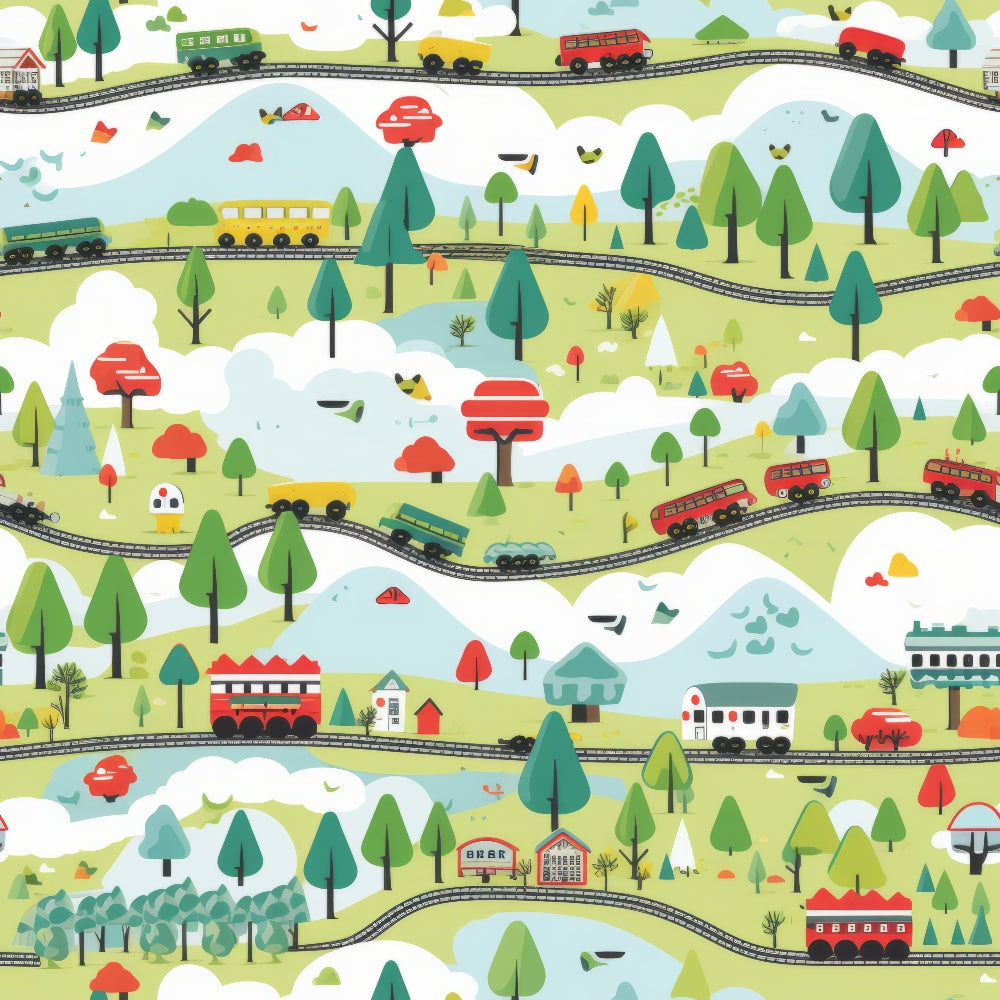 cartoon trains, railway tracks, green trees, red mushrooms, rolling hills, whimsical landscape, bright colors,, fabric panel, children's design, playful pattern, scenic countryside, curved rails, colorful cars, nature scene, cheerful illustration, kid-friendly, transportation theme, pastoral setting, repetitive design