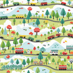 cartoon trains, railway tracks, green trees, red mushrooms, rolling hills, whimsical landscape, bright colors,, fabric panel, children's design, playful pattern, scenic countryside, curved rails, colorful cars, nature scene, cheerful illustration, kid-friendly, transportation theme, pastoral setting, repetitive design