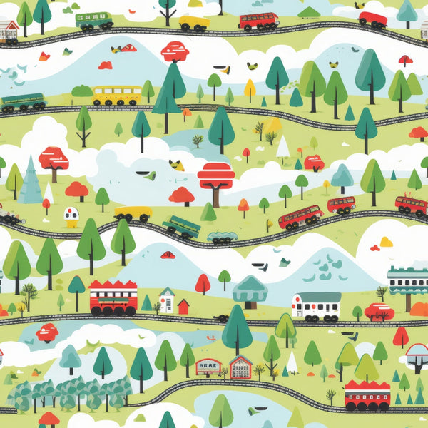cartoon trains, railway tracks, green trees, red mushrooms, rolling hills, whimsical landscape, bright colors,, fabric panel, children's design, playful pattern, scenic countryside, curved rails, colorful cars, nature scene, cheerful illustration, kid-friendly, transportation theme, pastoral setting, repetitive design