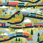 cartoon trains,, fabric panel, colorful locomotives, winding railways, green landscape, orange trees, blue carriages, red train cars, whimsical illustration, transportation theme, rolling hills, white clouds, playful design, children's fabric, bright colors, scenic routes, railway bridges, nature elements, cheerful pattern