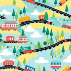 cartoon trains,, fabric panel, colorful trains, railway tracks, pine trees, white clouds, rolling hills, whimsical illustration, children's design, bright colors, red trains, yellow trains, orange trains, blue trains, green trees, snowy landscape, winter scene, playful pattern, transportation theme