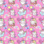 cute unicorns, kawaii style, pink background, pastel colors, rainbow patterns, cartoon characters, whimsical design, cotton fabric, quilting panel, magical theme, stars scattered, clouds motif, candy colors, repeating pattern, children's fabric, fantasy creatures, sweet expressions, nursery theme, craft material, sewing supply