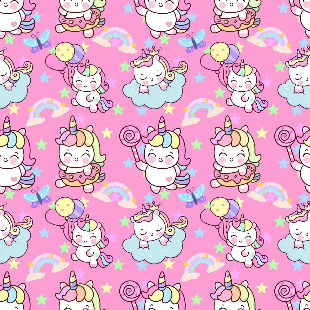 cute unicorns, kawaii style, pink background, pastel colors, rainbow patterns, cartoon characters, whimsical design, cotton fabric, quilting panel, magical theme, stars scattered, clouds motif, candy colors, repeating pattern, children's fabric, fantasy creatures, sweet expressions, nursery theme, craft material, sewing supply