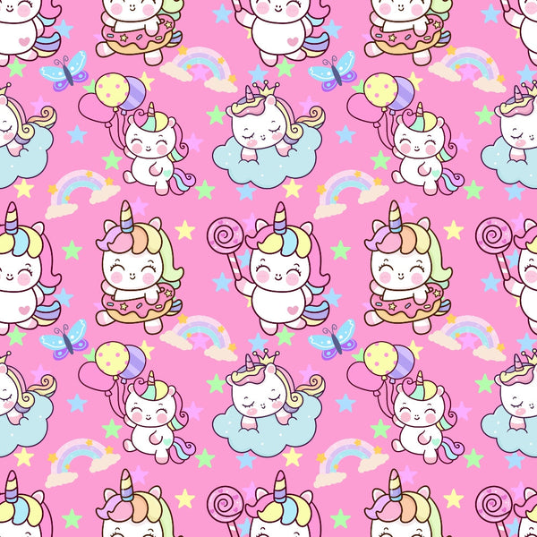 cute unicorns, kawaii style, pink background, pastel colors, rainbow patterns, cartoon characters, whimsical design, cotton fabric, quilting panel, magical theme, stars scattered, clouds motif, candy colors, repeating pattern, children's fabric, fantasy creatures, sweet expressions, nursery theme, craft material, sewing supply
