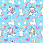 cartoon unicorns, pastel colors, light blue background, pink butterflies, rainbow patterns, white clouds, kawaii style, cute characters, whimsical design,, fabric panel, children's theme, magical creatures, colorful flowers, repeating pattern, nursery decor, fantasy motifs, soft pastels, playful unicorns