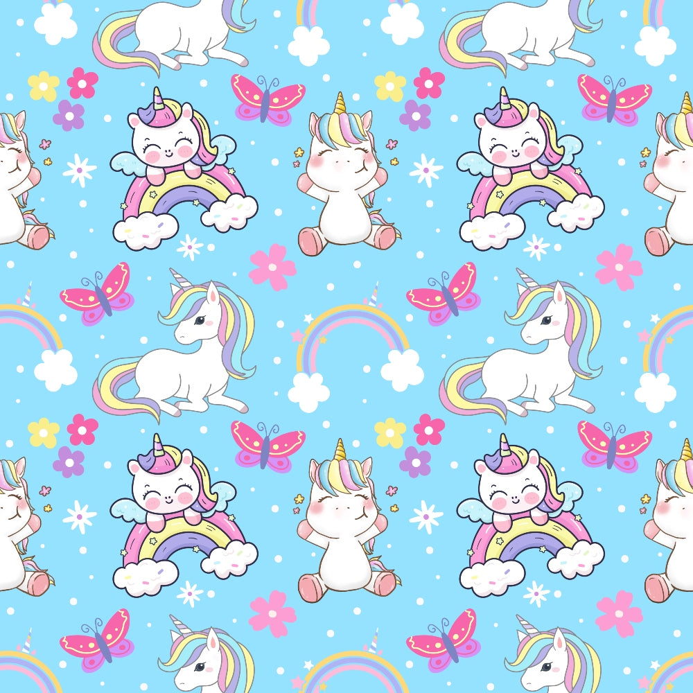 cartoon unicorns, pastel colors, light blue background, pink butterflies, rainbow patterns, white clouds, kawaii style, cute characters, whimsical design,, fabric panel, children's theme, magical creatures, colorful flowers, repeating pattern, nursery decor, fantasy motifs, soft pastels, playful unicorns