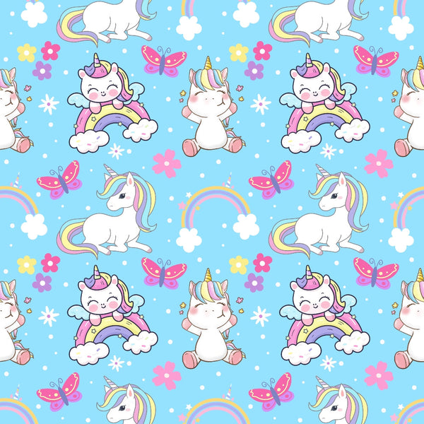 cartoon unicorns, pastel colors, light blue background, pink butterflies, rainbow patterns, white clouds, kawaii style, cute characters, whimsical design,, fabric panel, children's theme, magical creatures, colorful flowers, repeating pattern, nursery decor, fantasy motifs, soft pastels, playful unicorns