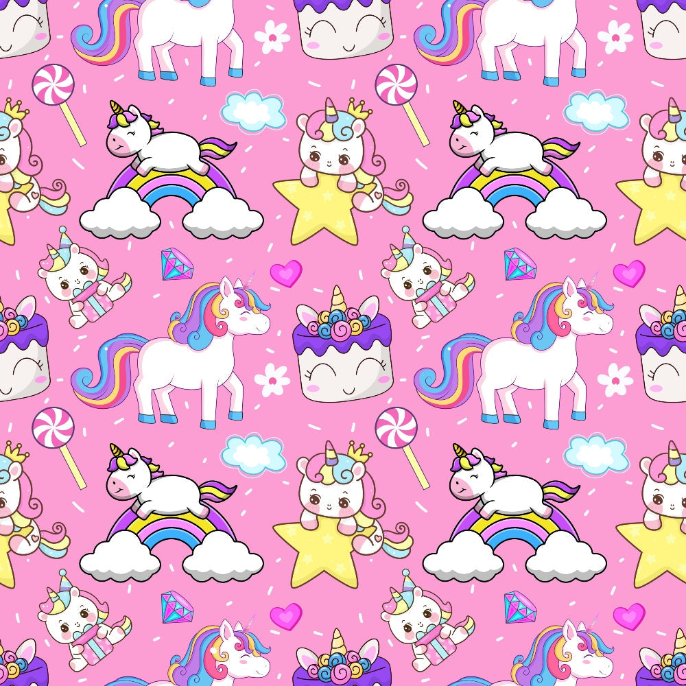 pink background, cartoon unicorns, rainbow colors, white unicorns, colorful manes, kawaii style, cute characters, stars, clouds, hearts, diamonds, lollipops, cupcakes, pastel colors, purple accents, blue details, yellow stars,, repeating pattern, whimsical design, magical theme