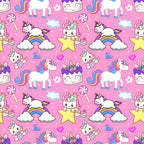 pink background, cartoon unicorns, rainbow colors, white unicorns, colorful manes, kawaii style, cute characters, stars, clouds, hearts, diamonds, lollipops, cupcakes, pastel colors, purple accents, blue details, yellow stars,, repeating pattern, whimsical design, magical theme