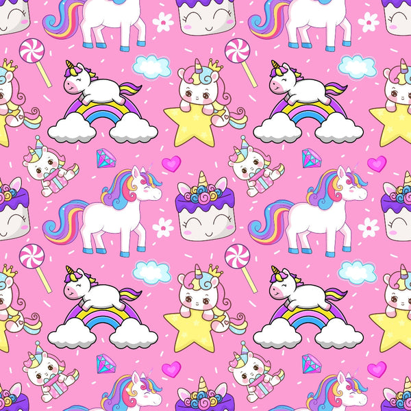 pink background, cartoon unicorns, rainbow colors, white unicorns, colorful manes, kawaii style, cute characters, stars, clouds, hearts, diamonds, lollipops, cupcakes, pastel colors, purple accents, blue details, yellow stars,, repeating pattern, whimsical design, magical theme