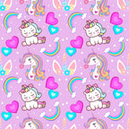 cartoon unicorns, baby unicorns, purple background, pink hearts, rainbow stripes, pastel colors, cute animals, kawaii style, whimsical pattern,, fabric panel, children's fabric, magical creatures, floral crowns, fantasy theme, playful design, nursery fabric, soft pastels, repeating pattern, craft fabric