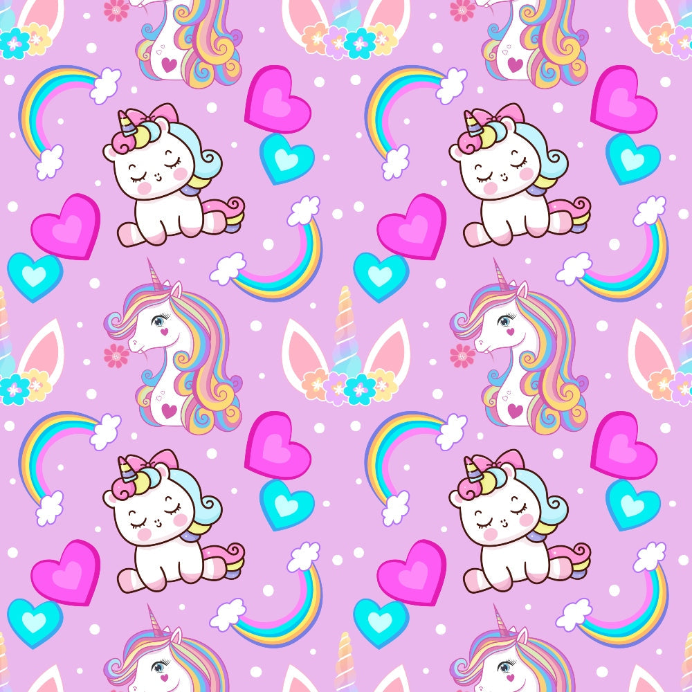 cartoon unicorns, baby unicorns, purple background, pink hearts, rainbow stripes, pastel colors, cute animals, kawaii style, whimsical pattern,, fabric panel, children's fabric, magical creatures, floral crowns, fantasy theme, playful design, nursery fabric, soft pastels, repeating pattern, craft fabric