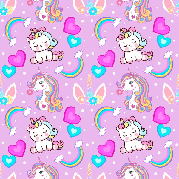 cartoon unicorns, baby unicorns, purple background, pink hearts, rainbow stripes, pastel colors, cute animals, kawaii style, whimsical pattern,, fabric panel, children's fabric, magical creatures, floral crowns, fantasy theme, playful design, nursery fabric, soft pastels, repeating pattern, craft fabric