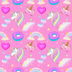 unicorns, pink background, rainbow colors, pastel colors, hearts, donuts, clouds, stars, kawaii style, cute cartoon, whimsical pattern,, fabric panel, magical theme, fantasy creatures, colorful manes, horn details, floral crowns, dreamy aesthetic, children's fabric