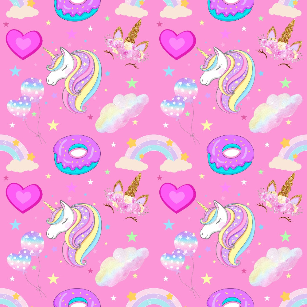 unicorns, pink background, rainbow colors, pastel colors, hearts, donuts, clouds, stars, kawaii style, cute cartoon, whimsical pattern,, fabric panel, magical theme, fantasy creatures, colorful manes, horn details, floral crowns, dreamy aesthetic, children's fabric