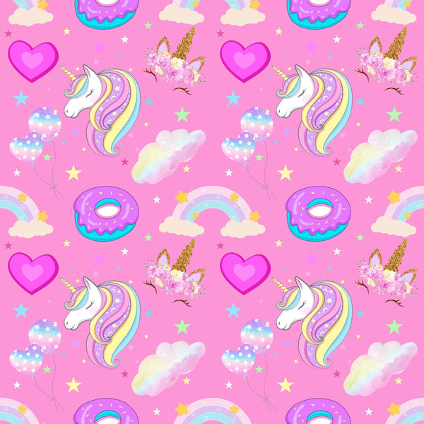 unicorns, pink background, rainbow colors, pastel colors, hearts, donuts, clouds, stars, kawaii style, cute cartoon, whimsical pattern,, fabric panel, magical theme, fantasy creatures, colorful manes, horn details, floral crowns, dreamy aesthetic, children's fabric