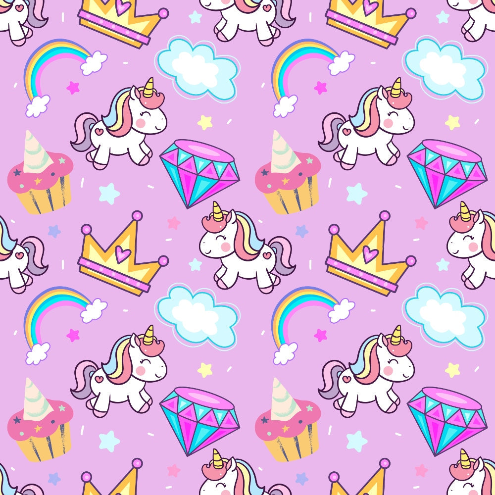 pink background, purple background, cartoon unicorns, white unicorns, rainbow manes, golden crowns, colorful diamonds, cupcakes, rainbows, fluffy clouds, stars, whimsical pattern, kawaii style, cute characters,, fabric panel, magical theme, fantasy motifs, children's fabric, pastel colors