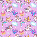 pink background, purple background, cartoon unicorns, white unicorns, rainbow manes, golden crowns, colorful diamonds, cupcakes, rainbows, fluffy clouds, stars, whimsical pattern, kawaii style, cute characters,, fabric panel, magical theme, fantasy motifs, children's fabric, pastel colors