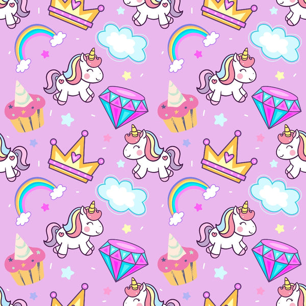 pink background, purple background, cartoon unicorns, white unicorns, rainbow manes, golden crowns, colorful diamonds, cupcakes, rainbows, fluffy clouds, stars, whimsical pattern, kawaii style, cute characters,, fabric panel, magical theme, fantasy motifs, children's fabric, pastel colors