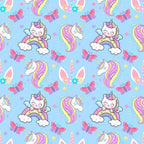 cartoon unicorns, kawaii style, pastel colors, light blue background, pink butterflies, rainbow manes, cute faces, magical creatures, whimsical design,, fabric panel, children's fabric, nursery theme, fantasy animals, colorful stars, cloud motifs, repeating pattern, playful mood, craft fabric, sewing material