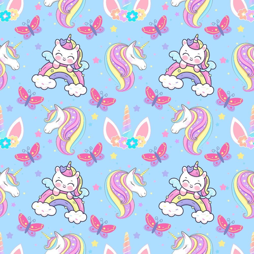 cartoon unicorns, kawaii style, pastel colors, light blue background, pink butterflies, rainbow manes, cute faces, magical creatures, whimsical design,, fabric panel, children's fabric, nursery theme, fantasy animals, colorful stars, cloud motifs, repeating pattern, playful mood, craft fabric, sewing material