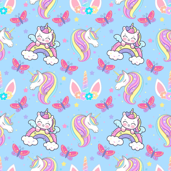 cartoon unicorns, kawaii style, pastel colors, light blue background, pink butterflies, rainbow manes, cute faces, magical creatures, whimsical design,, fabric panel, children's fabric, nursery theme, fantasy animals, colorful stars, cloud motifs, repeating pattern, playful mood, craft fabric, sewing material