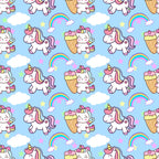 cartoon unicorns, kawaii style, pastel colors, light blue background, pink manes, rainbow stripes, white clouds, colorful rainbows, ice cream cones, yellow stars, cute characters, whimsical pattern,, fabric panel, children's theme, magical creatures, repeating design, soft pastels, nursery decor, fantasy motifs