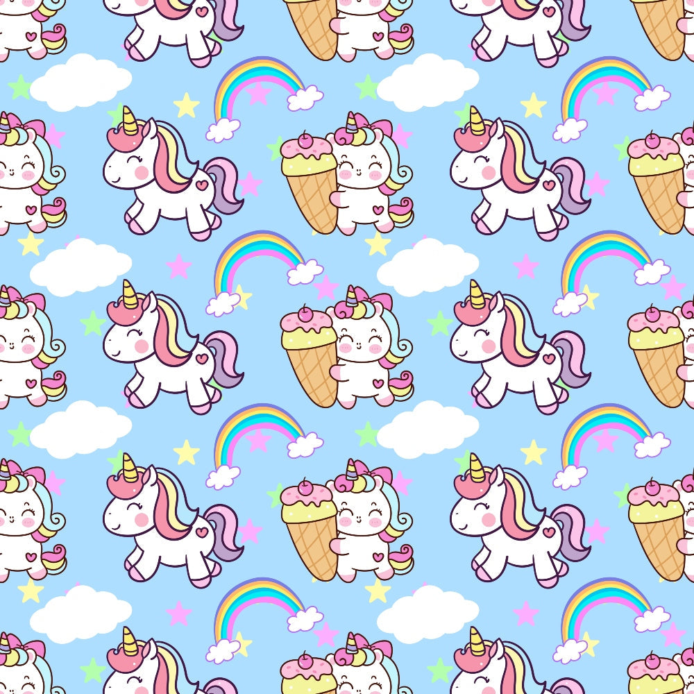 cartoon unicorns, kawaii style, pastel colors, light blue background, pink manes, rainbow stripes, white clouds, colorful rainbows, ice cream cones, yellow stars, cute characters, whimsical pattern,, fabric panel, children's theme, magical creatures, repeating design, soft pastels, nursery decor, fantasy motifs