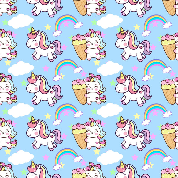 cartoon unicorns, kawaii style, pastel colors, light blue background, pink manes, rainbow stripes, white clouds, colorful rainbows, ice cream cones, yellow stars, cute characters, whimsical pattern,, fabric panel, children's theme, magical creatures, repeating design, soft pastels, nursery decor, fantasy motifs