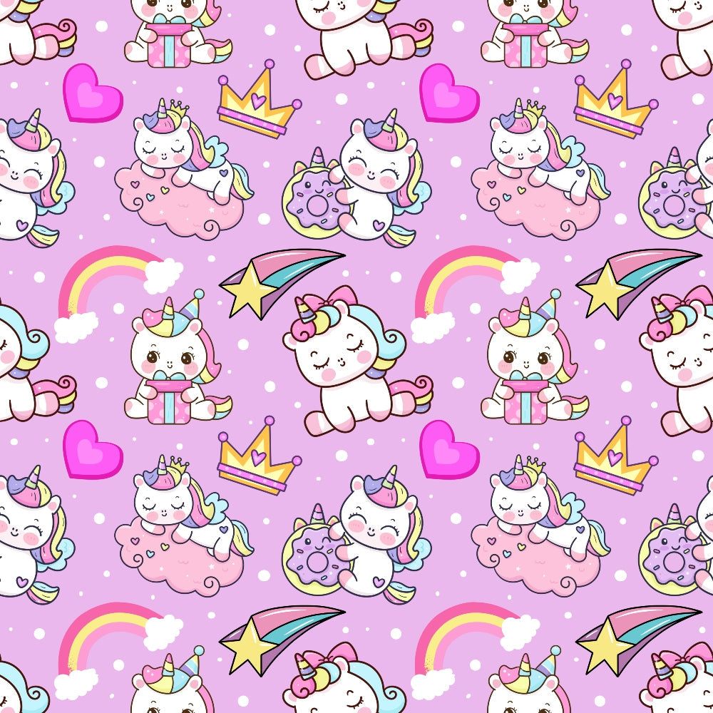 pink, purple, lavender, unicorns, cartoon style, kawaii, cute characters, hearts, rainbows, crowns, donuts, shooting stars, clouds, polka dots, whimsical, fantasy, magical creatures,, fabric panel, seamless pattern, children's motifs, pastel colors, repetitive design